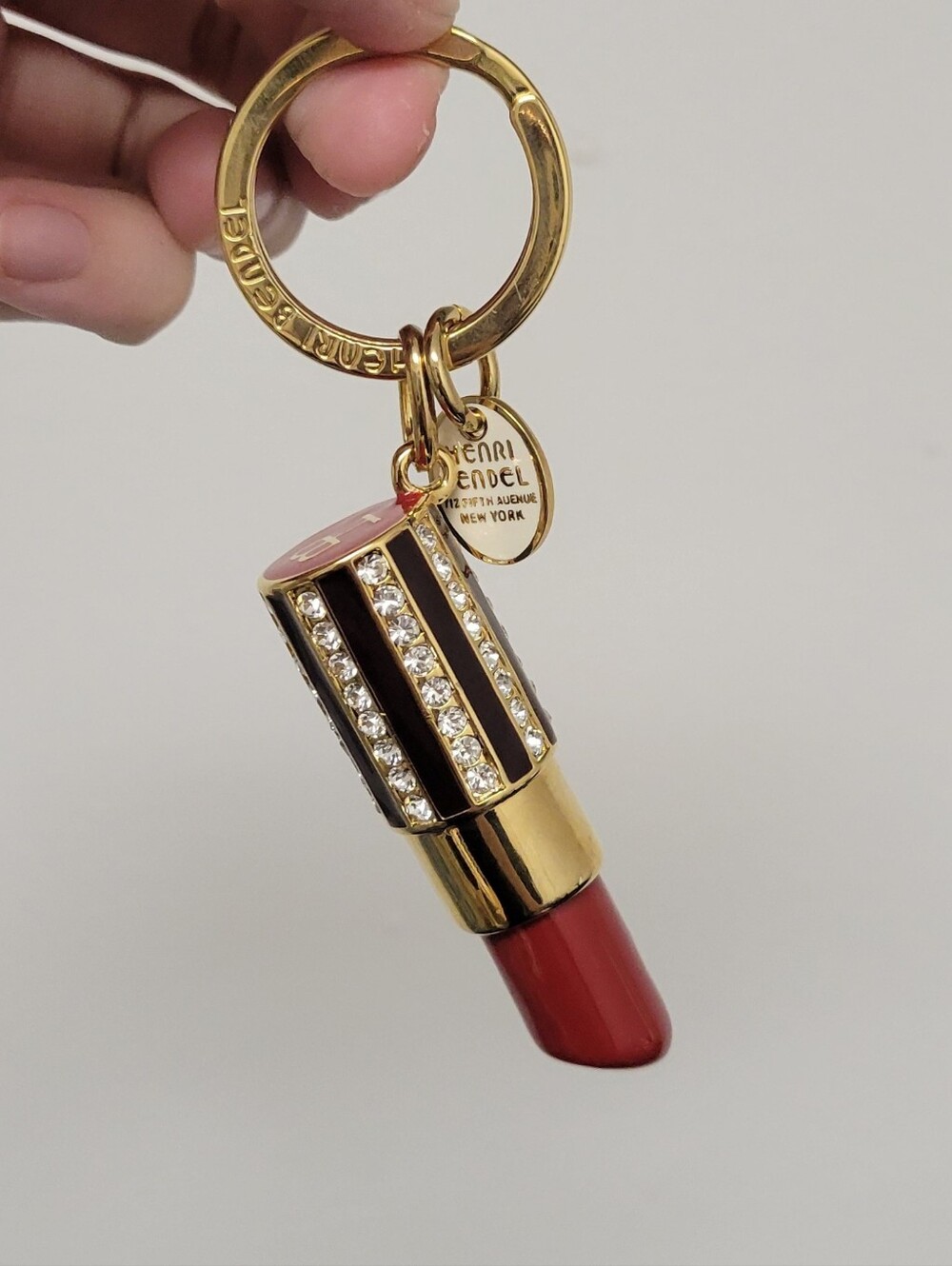 Vintage Discontinued Henri Bendel Gold-Tone Lipstick Keychain Charm in Red
